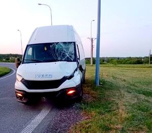 bus z uszkodzoną szybą po zderzeniu z łosiem.