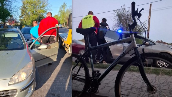 Kolaż dwóch zdjęć na lewym widać policjanta z mężczyzną obok radiowozu na zdjęciu po prawej rower, radiowóz nieoznakowany z niebieskim światłem i policjanta z mężczyzną.