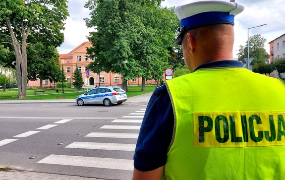 Policjant stojący tyłem w kamizelce odblaskowej przed przejściem dla pieszych.