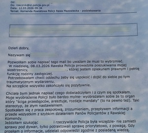 Tekst podziękowania dla policjantów za poszukiwania.