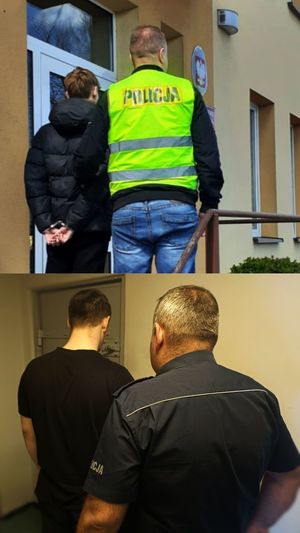 Policjanci i zatrzymani mężczyźni.