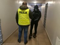 na korytarzy aresztu policjant ubrany w kamizelkę odblaskowa z napisem policja stojący tyłem prowadzi podejrzaną kobietę, która stoi tyłem, w przodu widać kraty