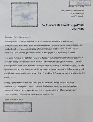 Treść podziękowań , które wpłynęły do komendanta.