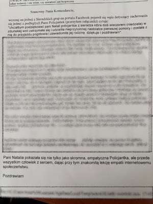 Treść podziękowań dla policjantki skierowanych do Komendanta Powiatowego Policji w Sieradzu.