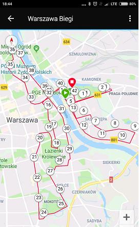 plan Warszawy z wytyczoną trasą maratonu