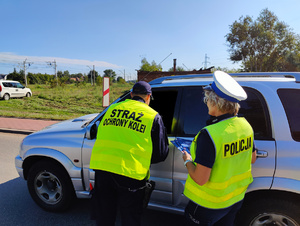 Policjantka wraz z strażnikiem ochrony kolei rozmawiają z kierującym o bezpieczeństwie w rejonie przejazdów kolejowych. Wręczają kierującemu ulotki informacyjne.