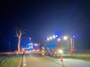 Służby ratunkowe podczas pracy na miejscu zdarzenia drogowego.