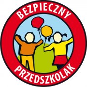 znak - w kole czerwonym napis bezpieczny przedszkolak w środku dwie postacie z balonami