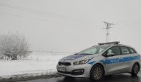 Radiowóz policyjny stoi na drodze w tle pole pokryte śniegiem , po lewej stronie oszroniałe drzewo