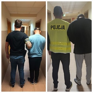 zatrzymani mężczyźni prowadzeni przez funkcjonariuszy kutnowskiej policji.