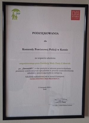 podziękowanie dla kutnowskiej komendy.