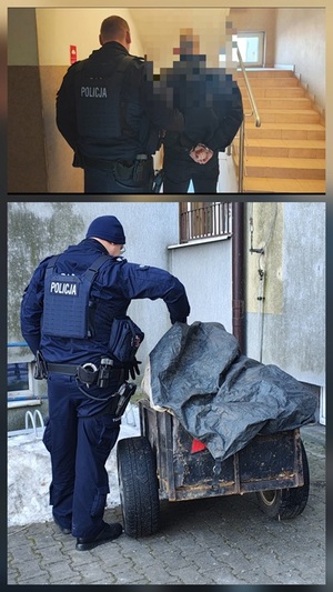 policjant prowadzi zatrzymanego mężczyznę/ policjant sprawdza zawartość przyczepki.