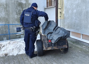 policjant sprawdza zawartość przyczepki.
