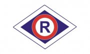 oznaczenie policji ruchu drogowego, romb w środku litera R.