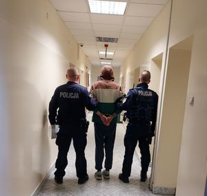 umundurowani policjanci prowadzą zatrzymanego.