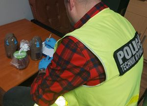 technik wykonuje oględziny zabezpieczonych narkotyków.