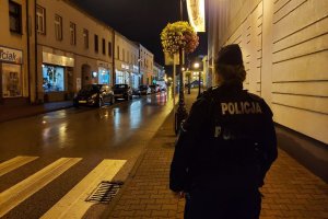 policjantka stojąca  przy ulicy w trakcie zabezpieczenia uroczystości