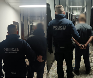 widzimy zatrzymanych prowadzonych w pomieszczeniu przez policjanta.