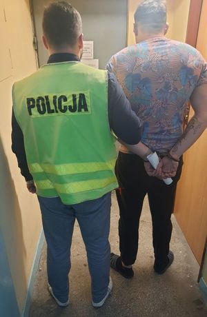 Policjant w kamizelce z napisem POLICJA stoi obok zatrzymanego. Mężczyzna ma założone kajdanki na ręce trzymane z tyłu.