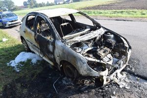 widok uszkodzonego auta, po pożarze. auto stoi przy drodze, dalej las.