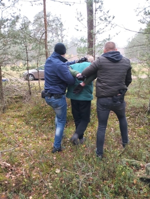 dwóch policjantów ubranych po cywilnemu prowadzi zatrzymanego mężczyznę, zdjęcie zrobione w terenie, widać las i dalej samochód nieoznakowany policyjny.