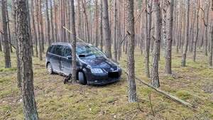 widok samochodu marki Volkswagen, który stoi w lesie pomiędzy drzewami.
