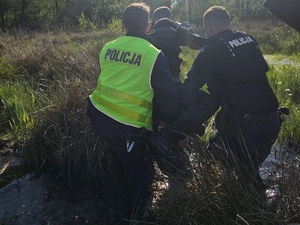 Na zdjęciu policjanci pomagają zaginionemu wydostać się z mokradeł.