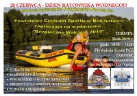 Plakat reklamujący dzień ratownik Wodnego - wydarzenie organizowane w PCS w Bełchatowie poświęcone bezpiecznym wakają.
