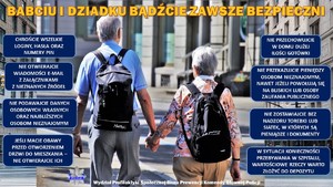 Na zdjęciu mężczyzna i kobieta trzymający się za ręce i napis &quot;babciu, dziadku bądźcie zawsze bezpieczni&quot;