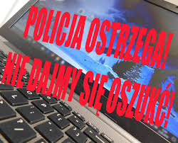 Na tle laptopa napis: Policja ostrzega! Nie dajmy się oszukać!