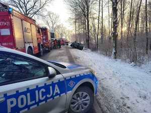 zniszczony samochód  uderzył w drzewo. w tle widać wozy straży pożarnej oraz radiowóz policji